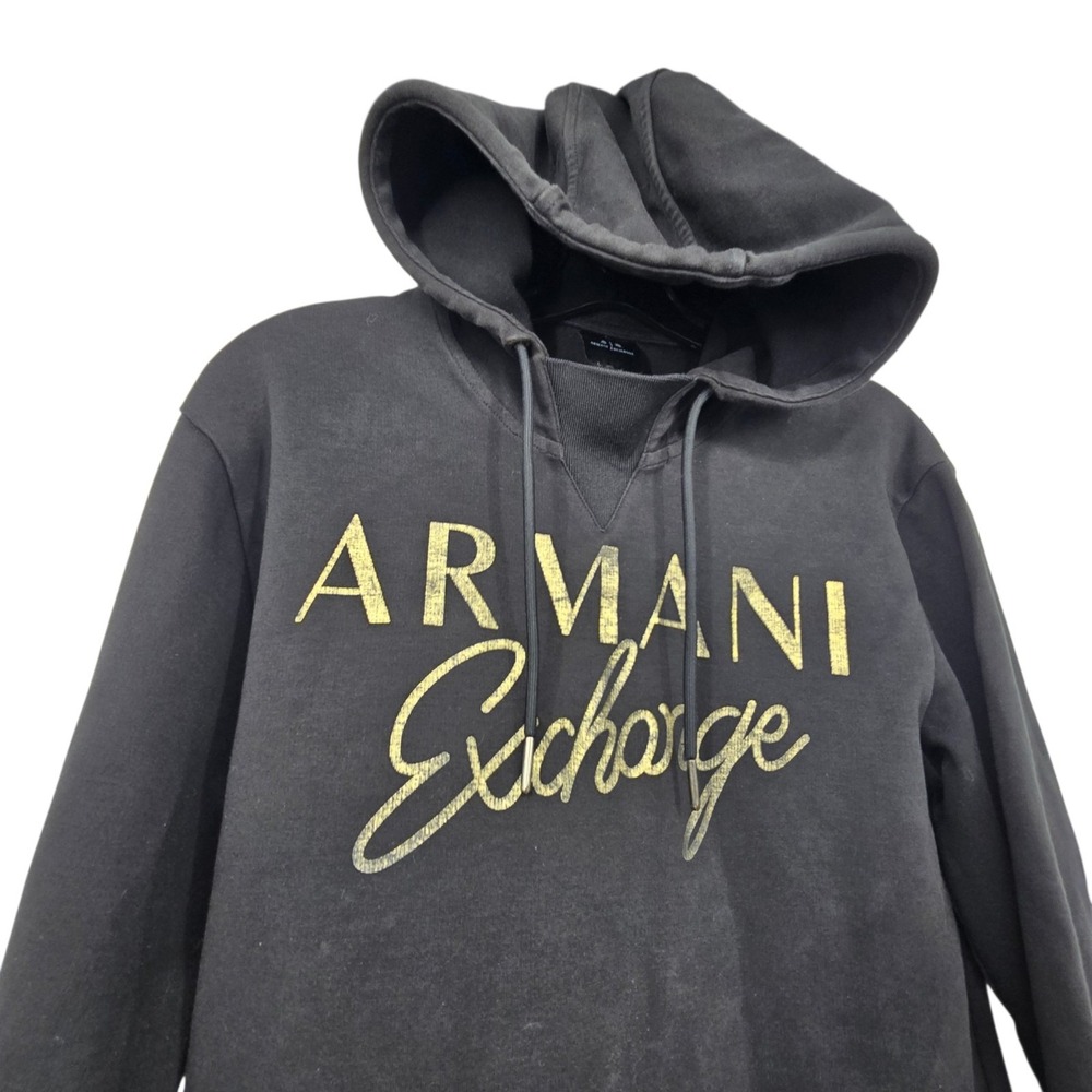 Armani Exchange Spellout Hoodie Womens XS Black Gold Fleece Pullover Sweatshirt